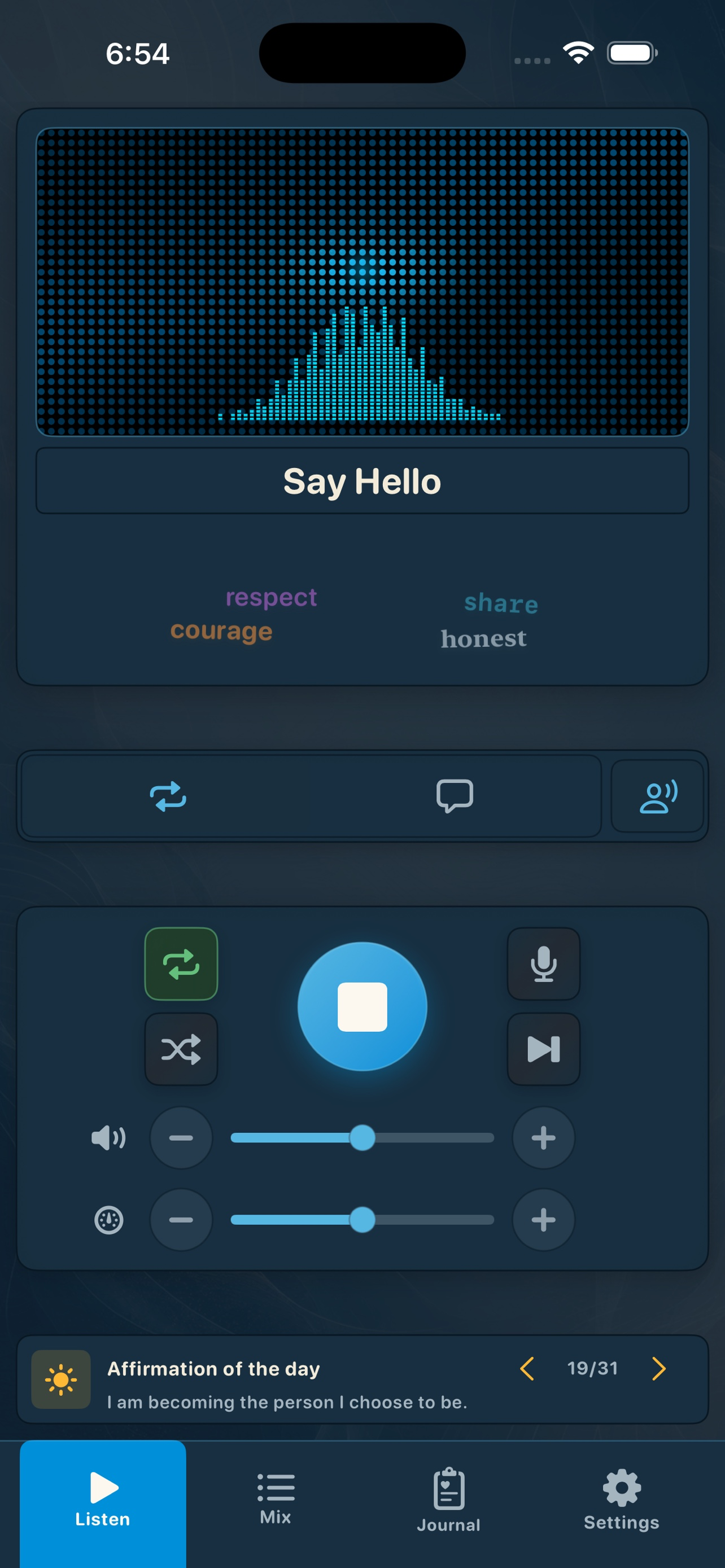 The Brain Shift listening stage on iPhone: an LCD Board waveform moving with a playing affirmation loop.